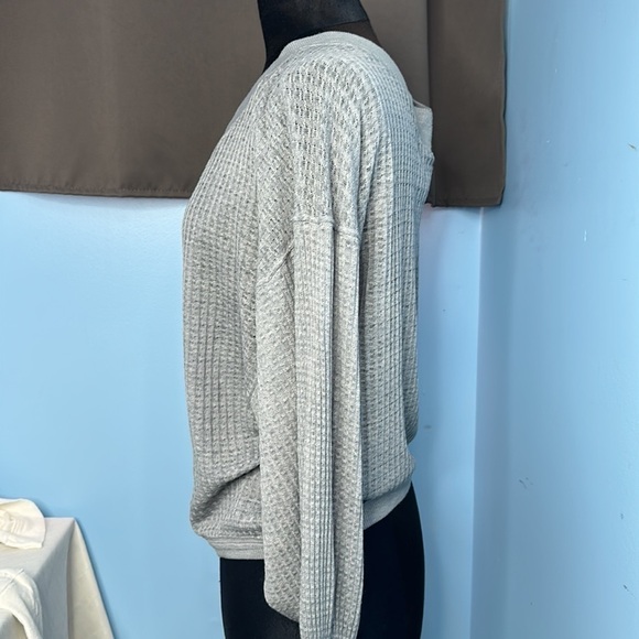 We The Free | Free People Grey Waffle Knit V Neck Long Sleeve Shirt - Picture 2 of 6